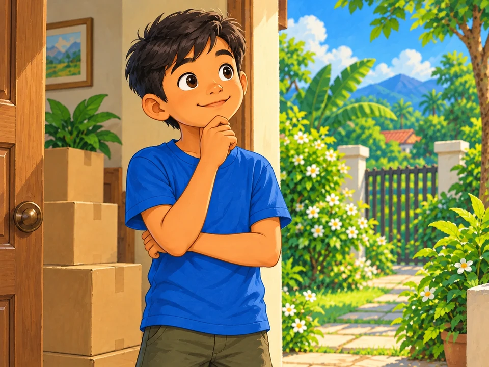 Batang nag-iisip sa bungad ng bahay sa tabi ng gamit na ililipat.
