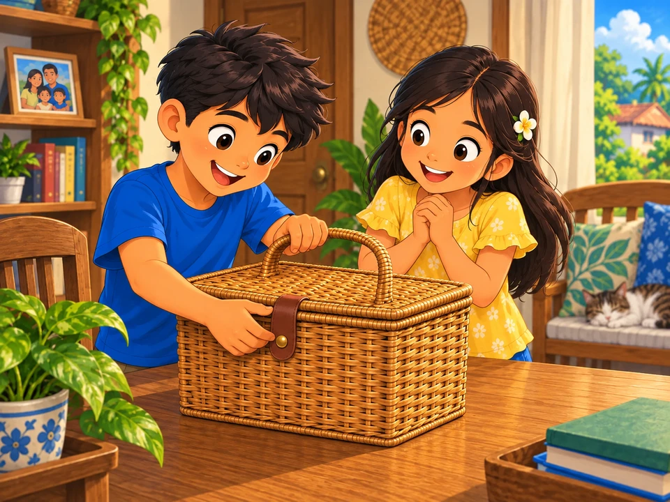 Dalawang batang naghahanda ng saradong basket para sa piknik.